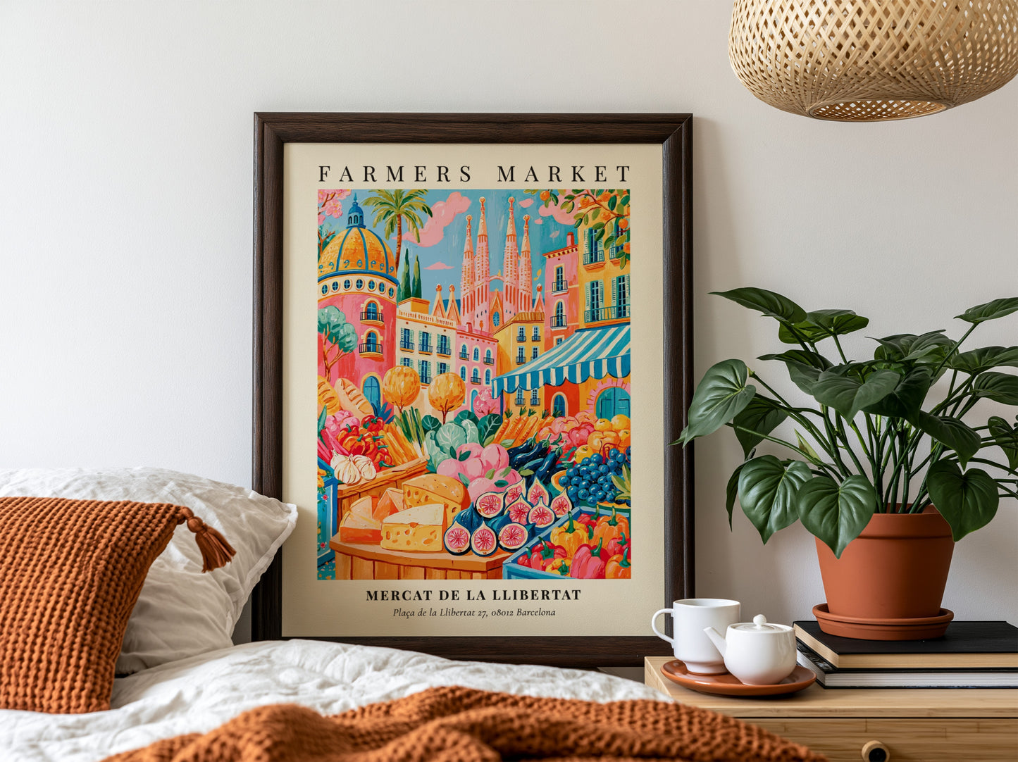 Farmers market poster featuring colorful produce and flowers in Barcelona style