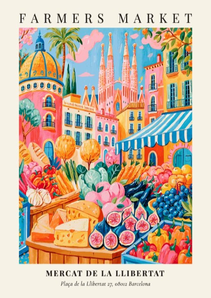 Farmers market poster featuring colorful produce and flowers in Barcelona style
