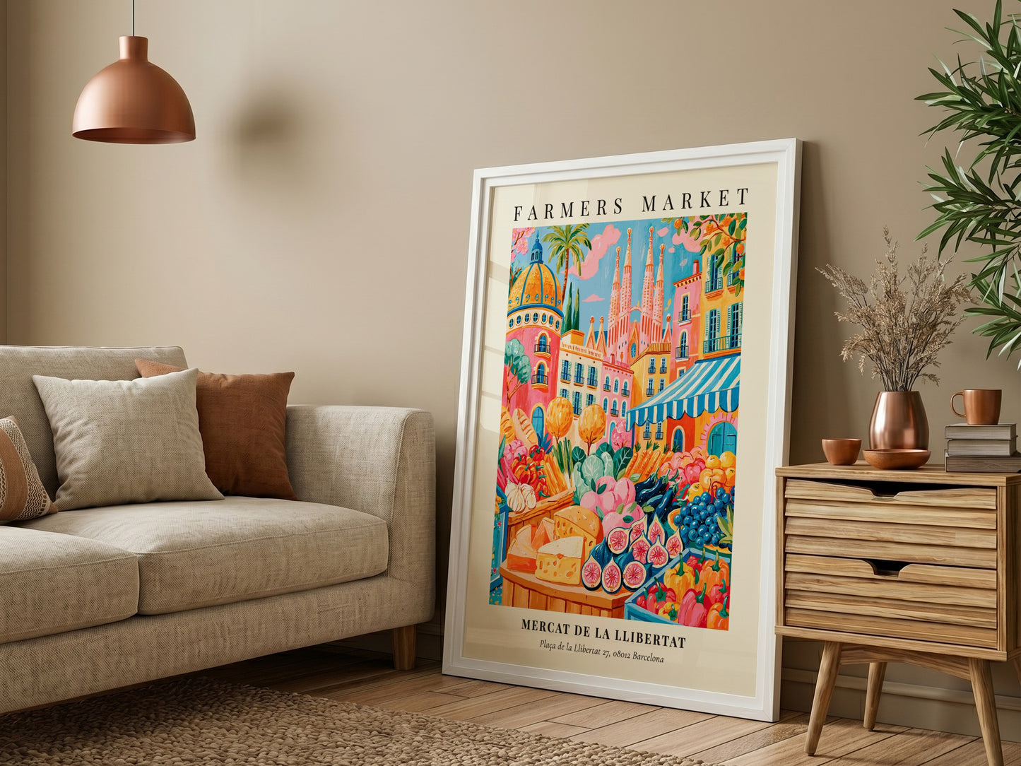 Farmers market poster featuring colorful produce and flowers in Barcelona style