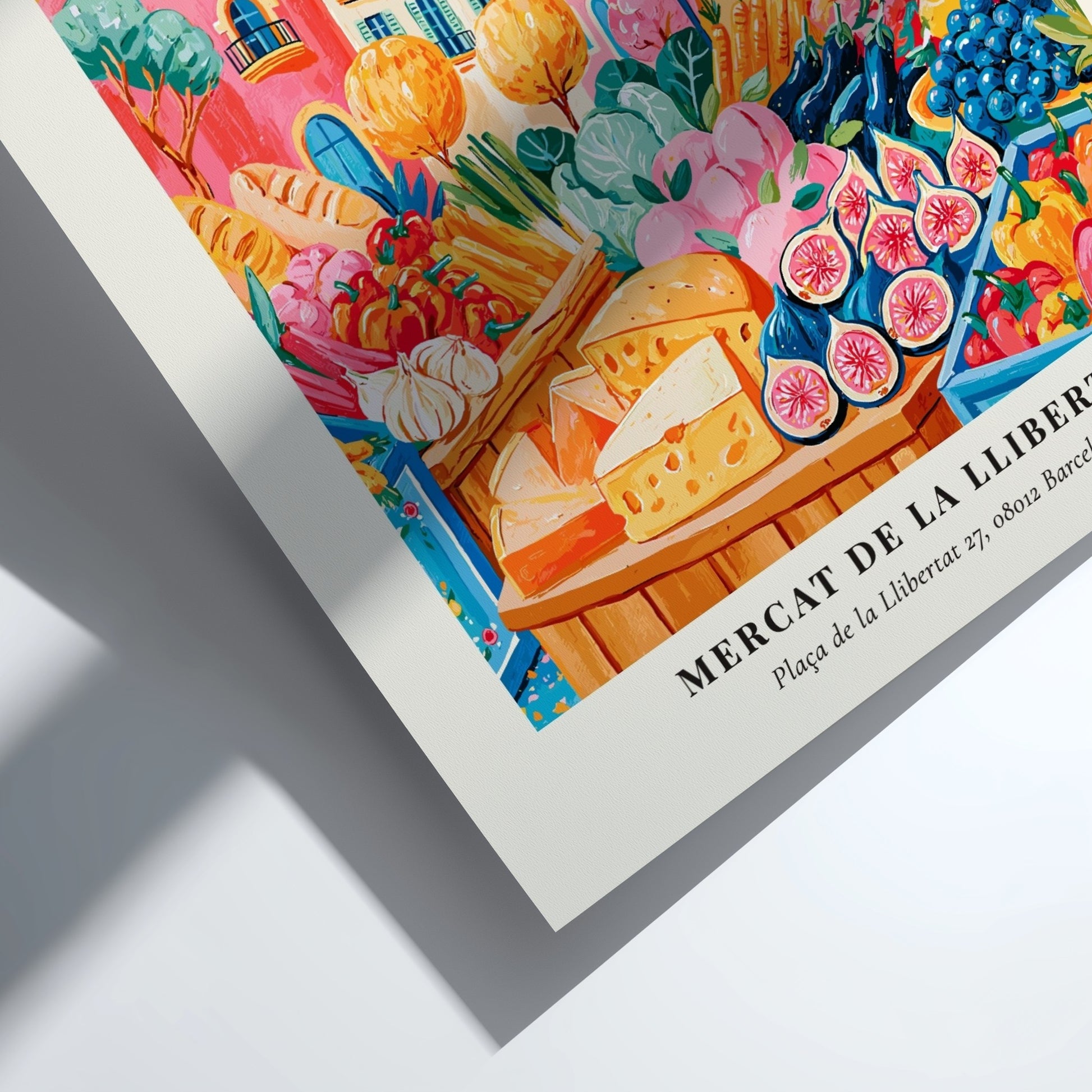 Farmers market poster featuring colorful produce and flowers in Barcelona style