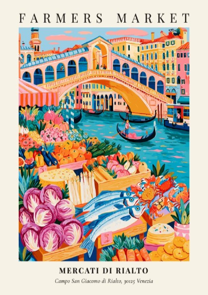Mercati di Rialto poster featuring colorful produce and flowers in Venice style