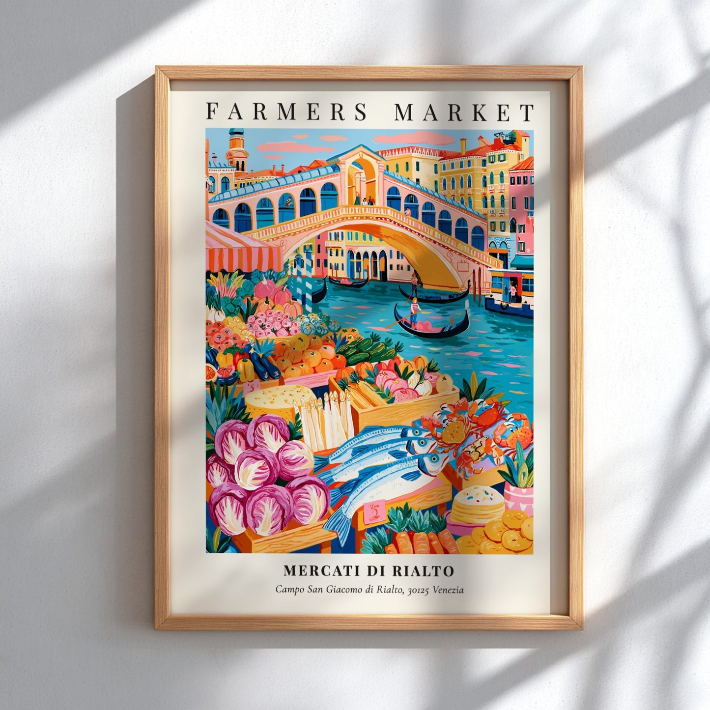 Mercati di Rialto poster featuring colorful produce and flowers in Venice style