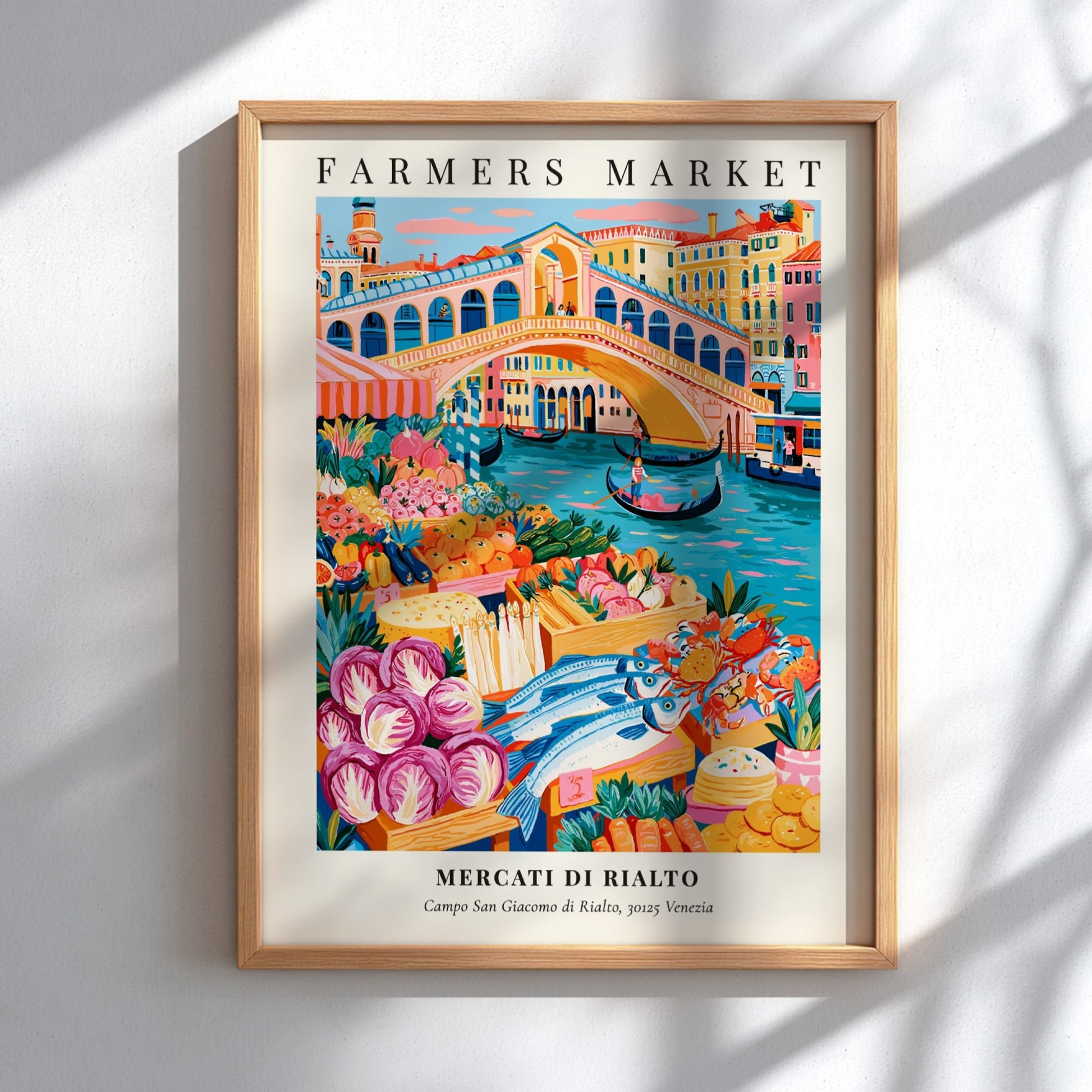 Mercati di Rialto poster featuring colorful produce and flowers in Venice style