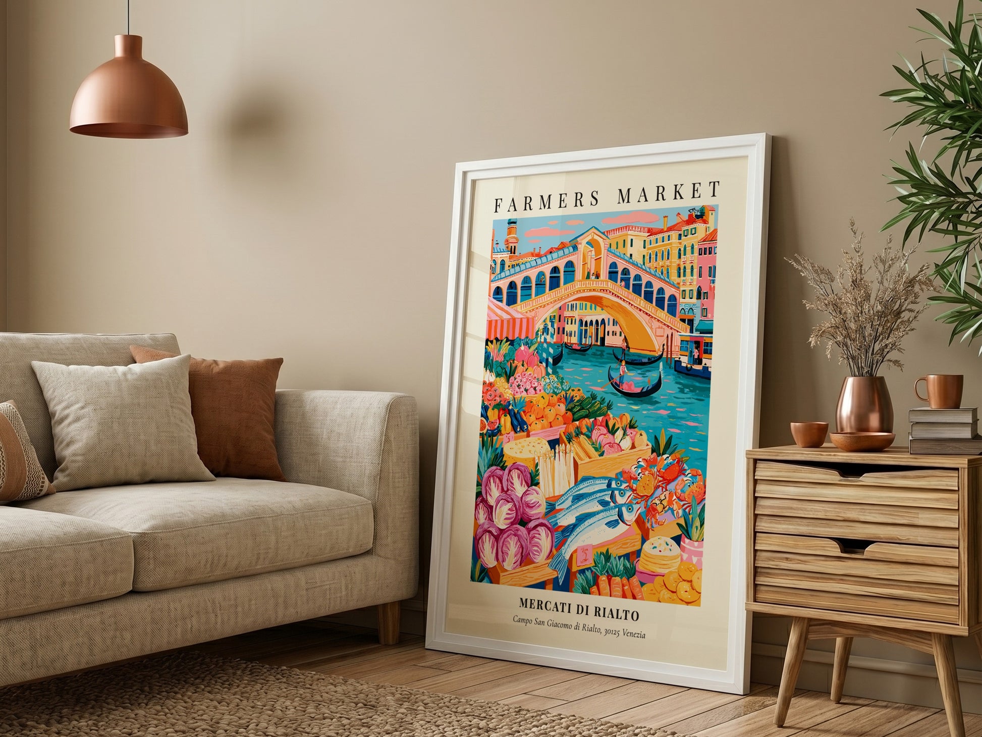 Mercati di Rialto poster featuring colorful produce and flowers in Venice style