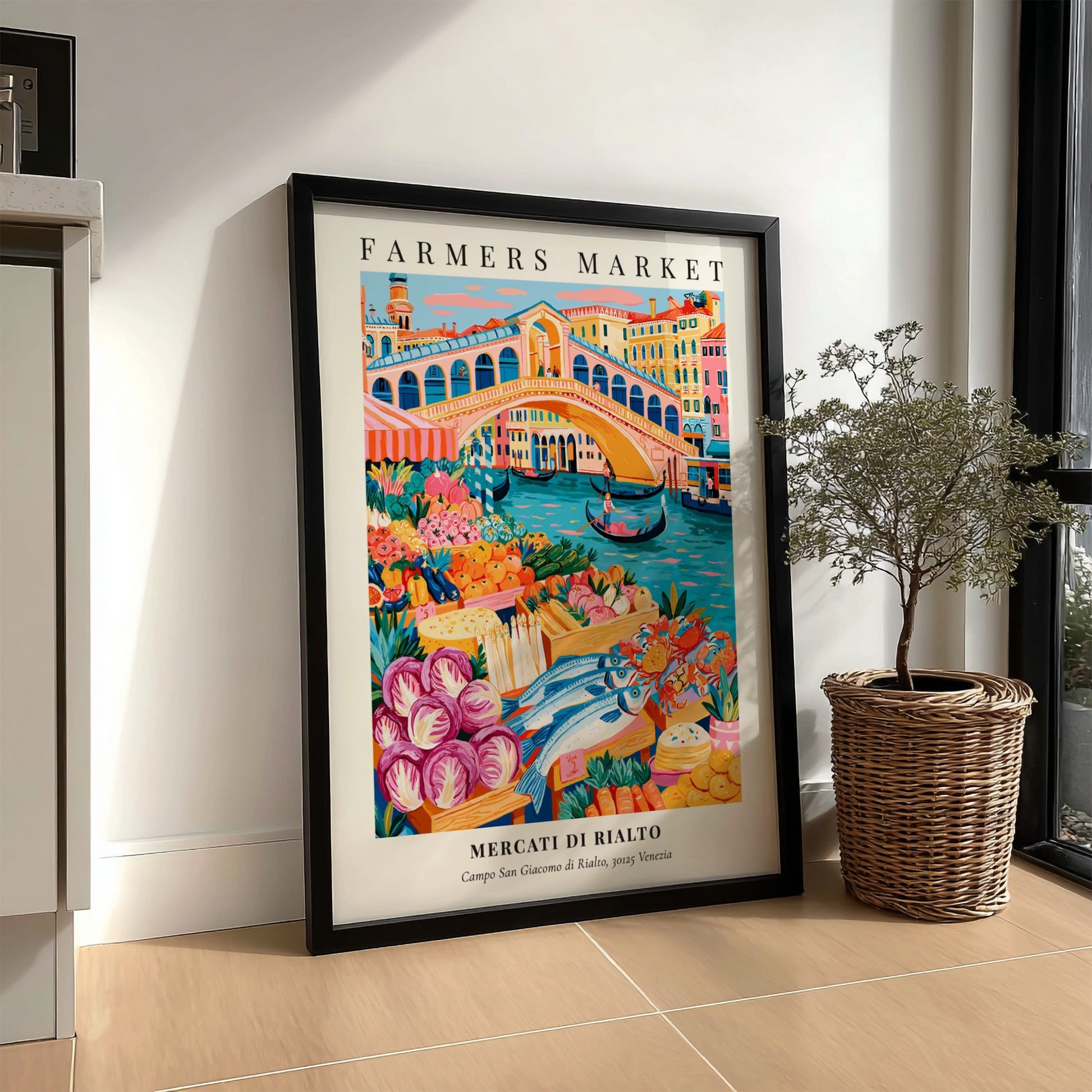 Mercati di Rialto poster featuring colorful produce and flowers in Venice style