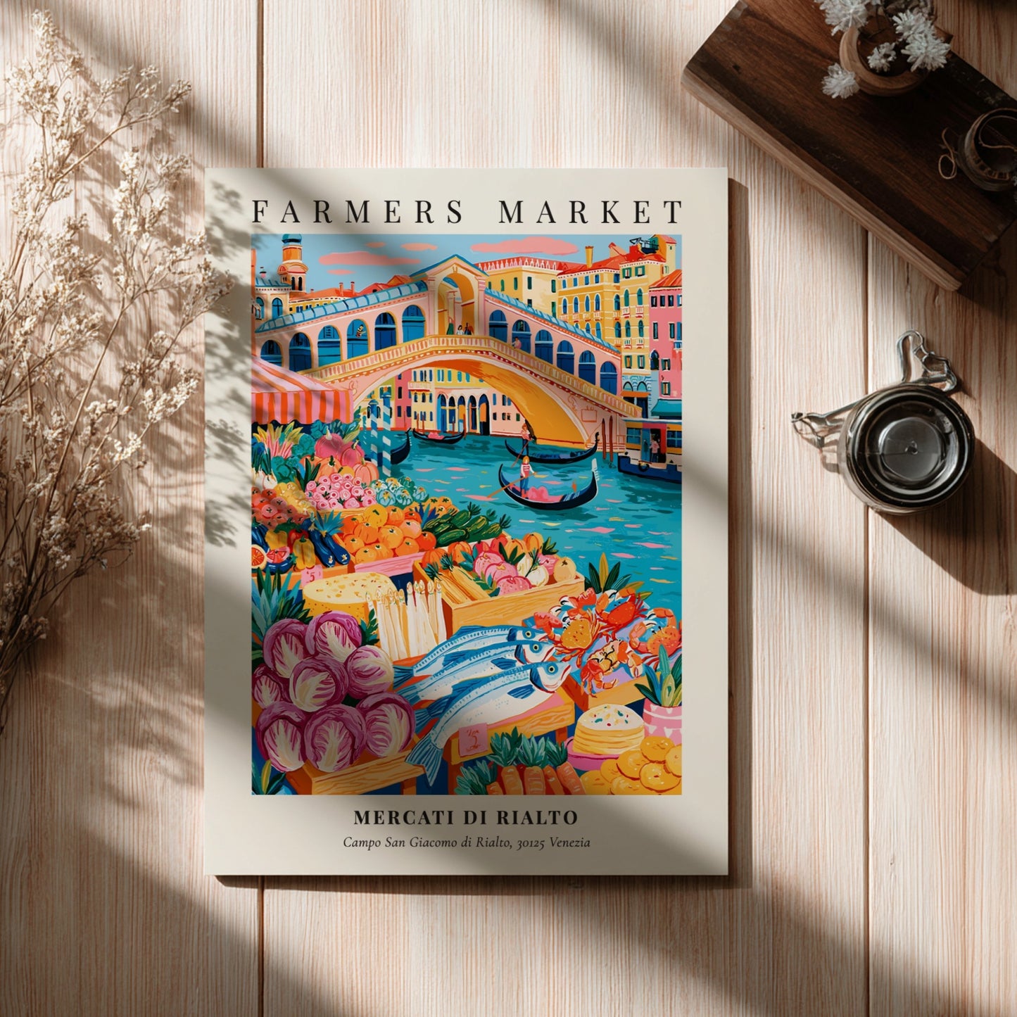 Mercati di Rialto poster featuring colorful produce and flowers in Venice style