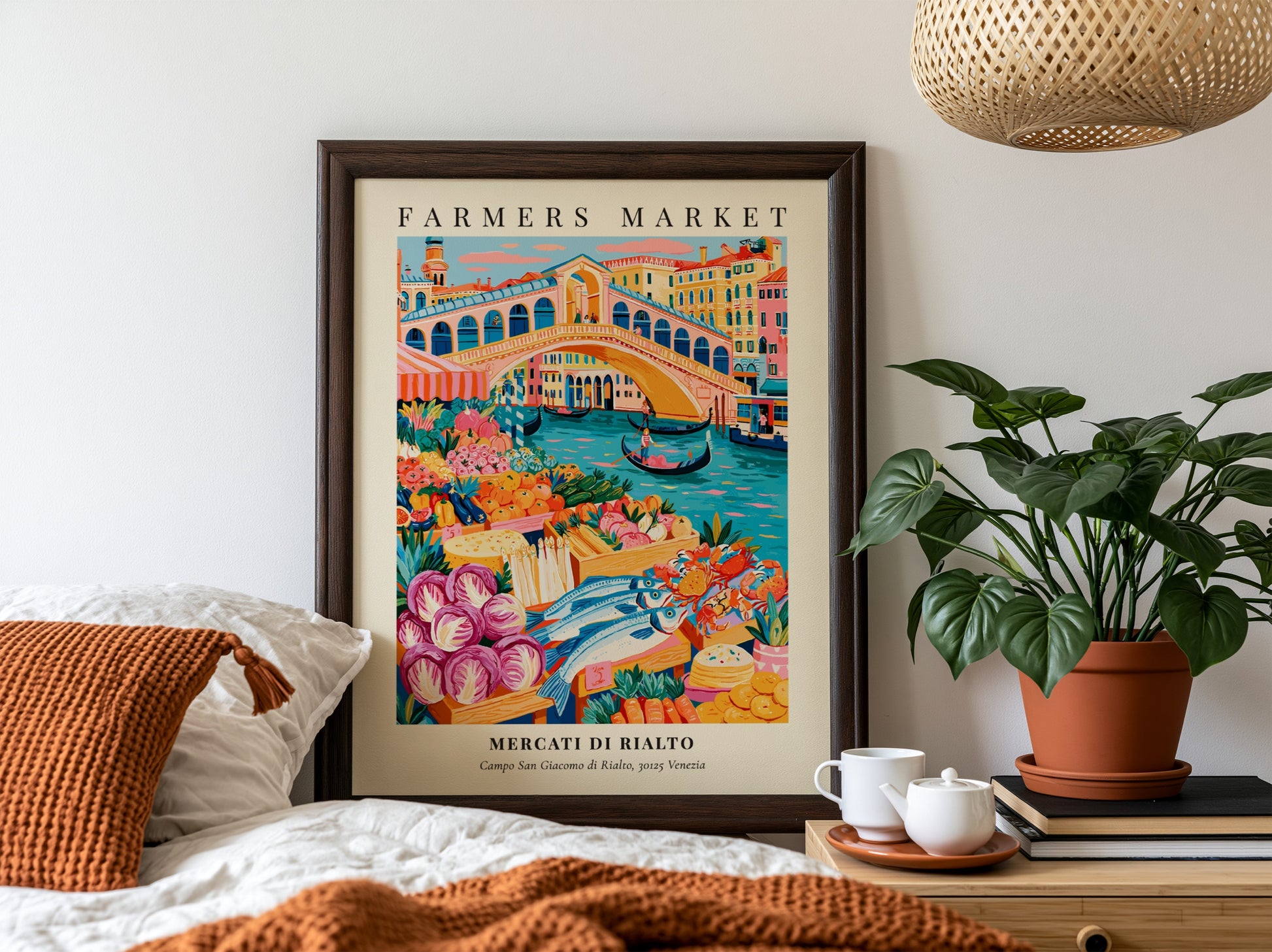 Mercati di Rialto poster featuring colorful produce and flowers in Venice style