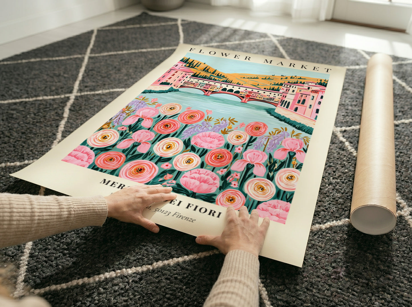 Floral art print featuring pink and white flowers with a river and buildings in the background, perfect for