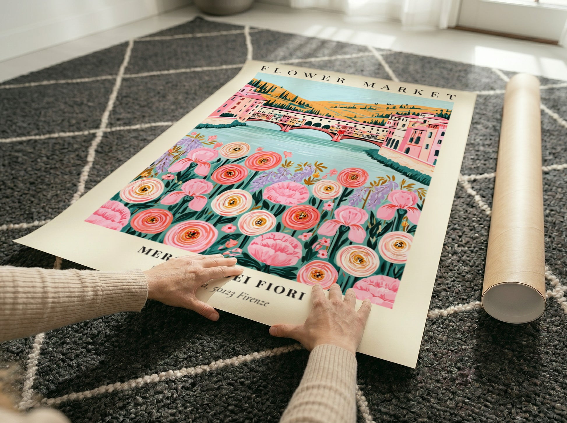 Floral art print featuring pink and white flowers with a river and buildings in the background, perfect for