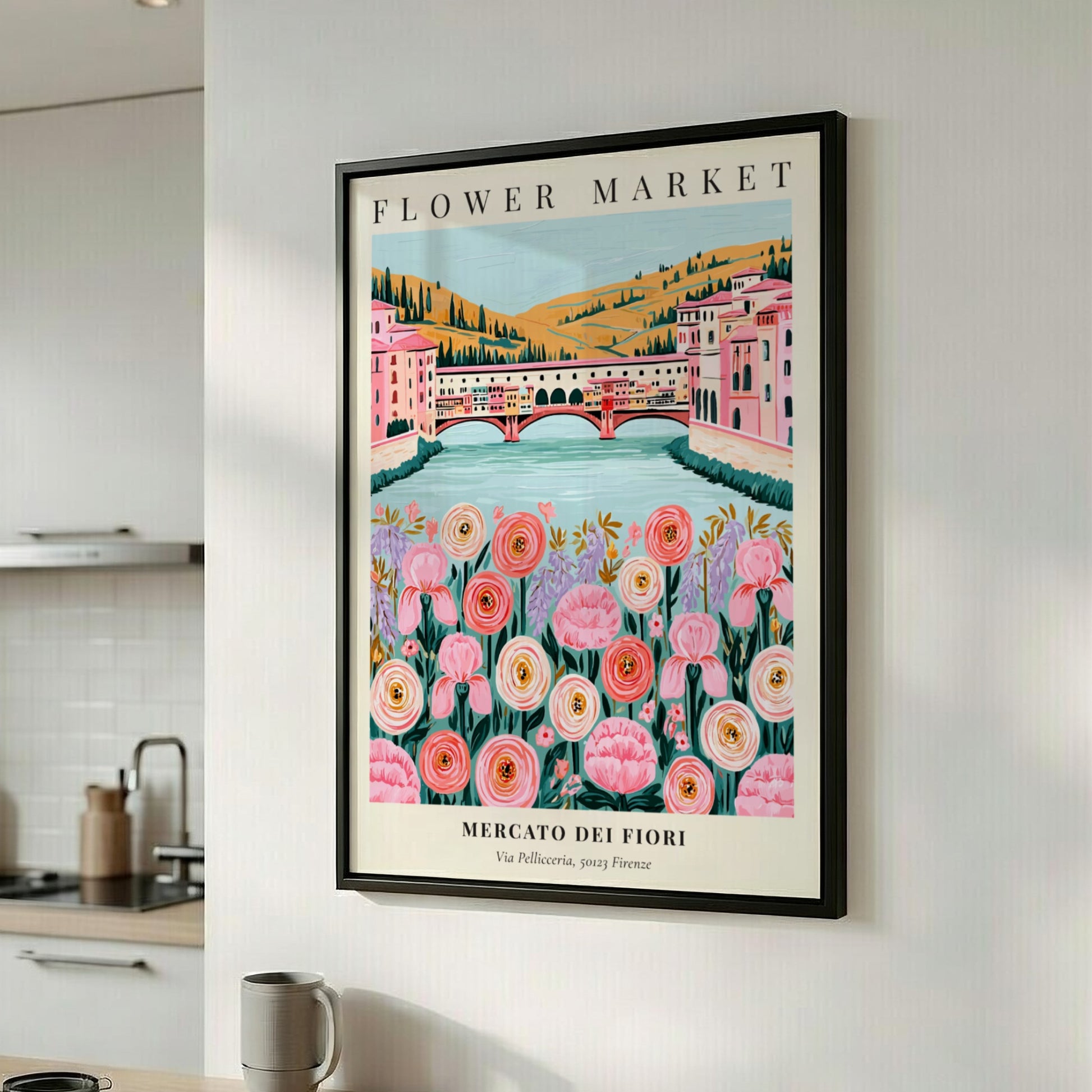 Floral art print featuring pink and white flowers with a river and buildings in the background, perfect for