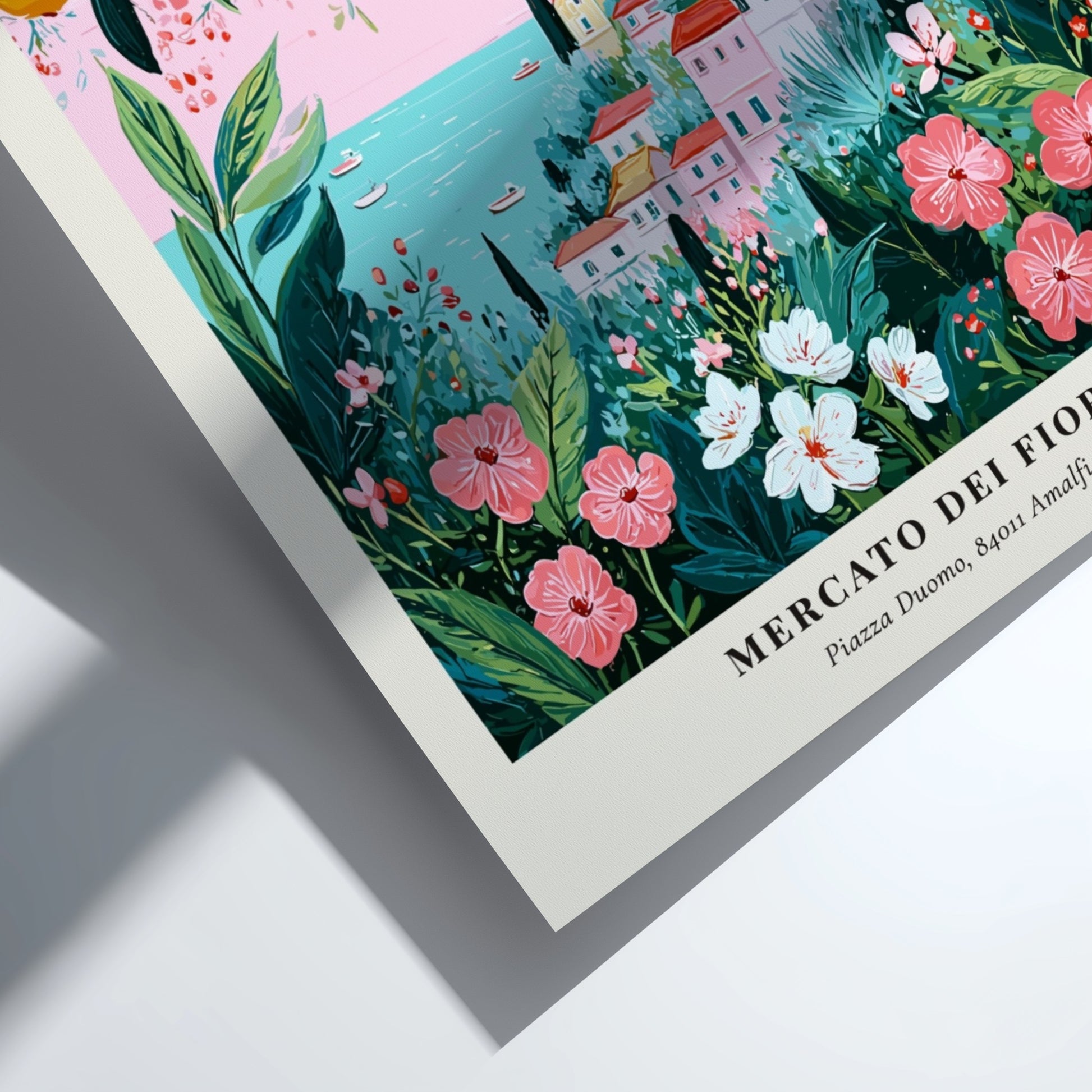 Floral art print featuring a coastal flower market with colorful blooms and greenery in a pastel palette.