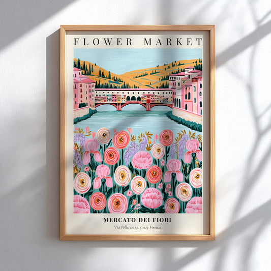 Floral art print featuring pink and white flowers with a river and buildings in the background, perfect for
