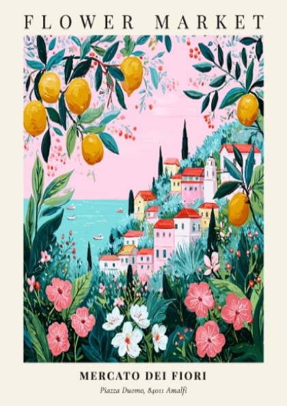 Floral art print featuring a coastal flower market with colorful blooms and greenery in a pastel palette.
