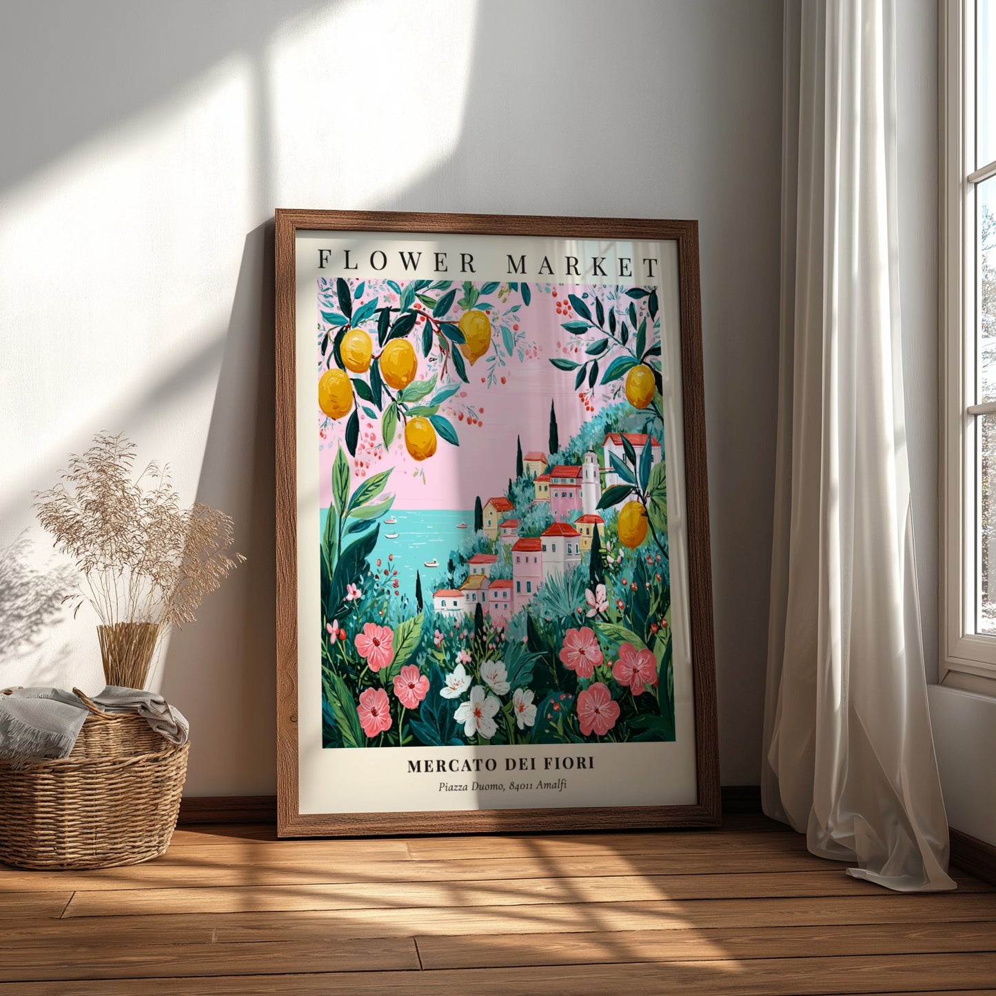 Floral art print featuring a coastal flower market with colorful blooms and greenery in a pastel palette.