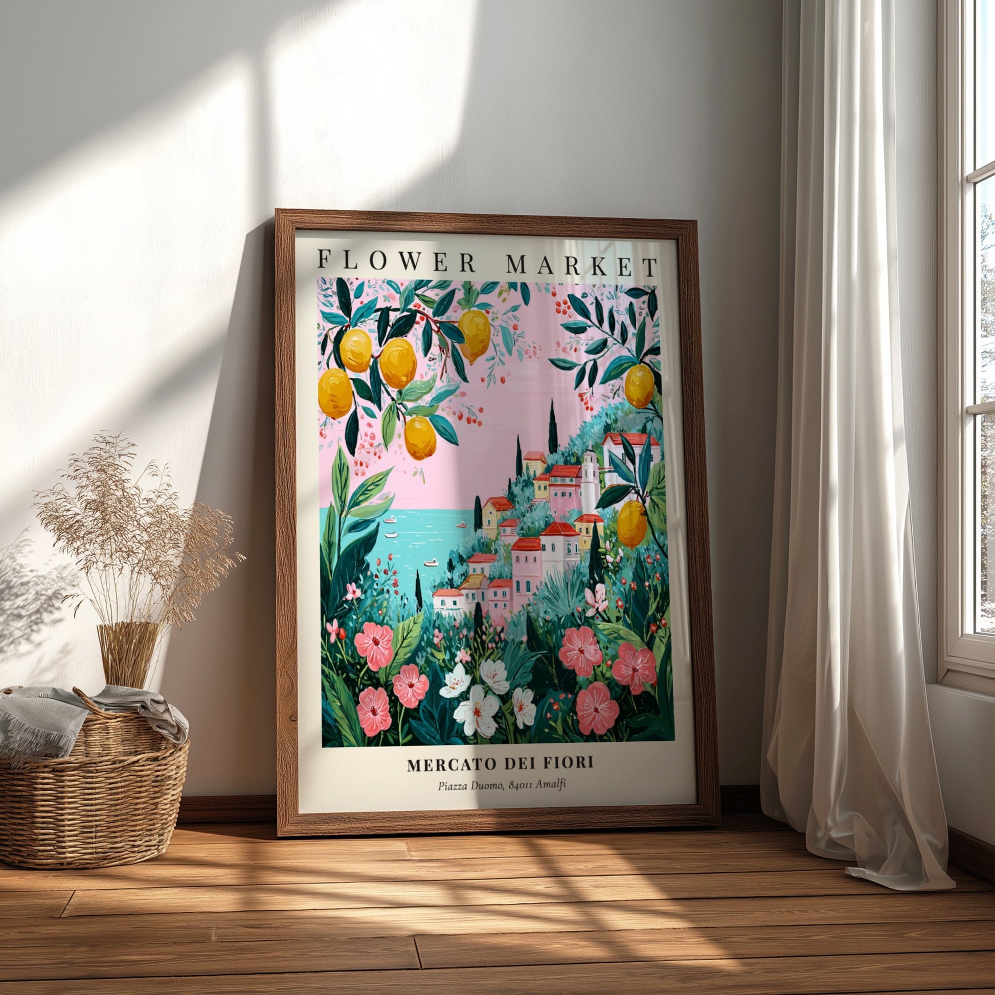 Floral art print featuring a coastal flower market with colorful blooms and greenery in a pastel palette.