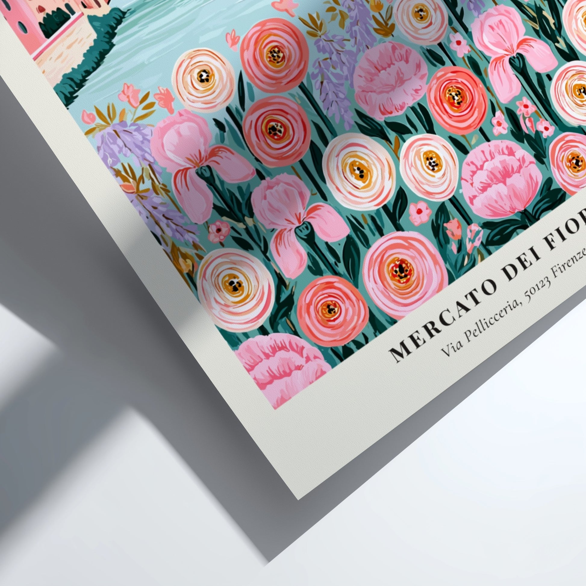 Floral art print featuring pink and white flowers with a river and buildings in the background, perfect for