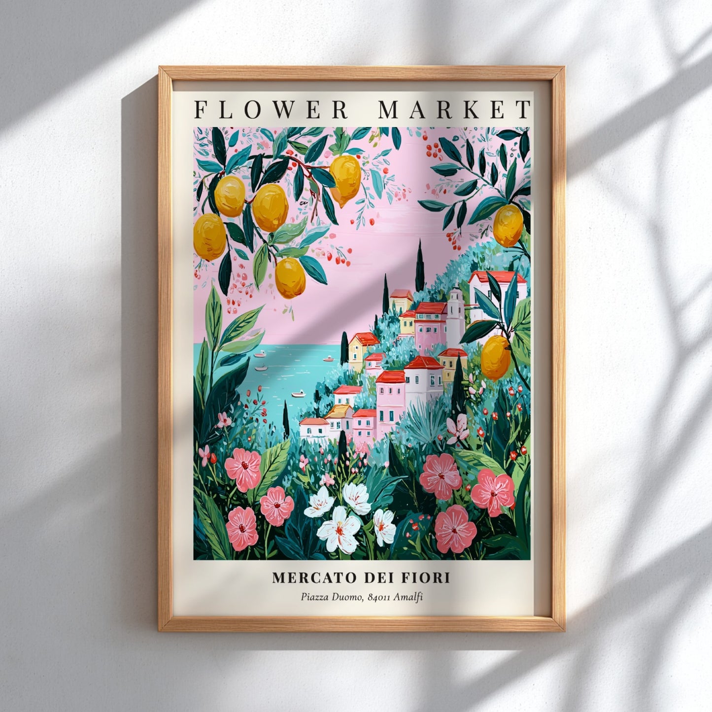 Floral art print featuring a coastal flower market with colorful blooms and greenery in a pastel palette.