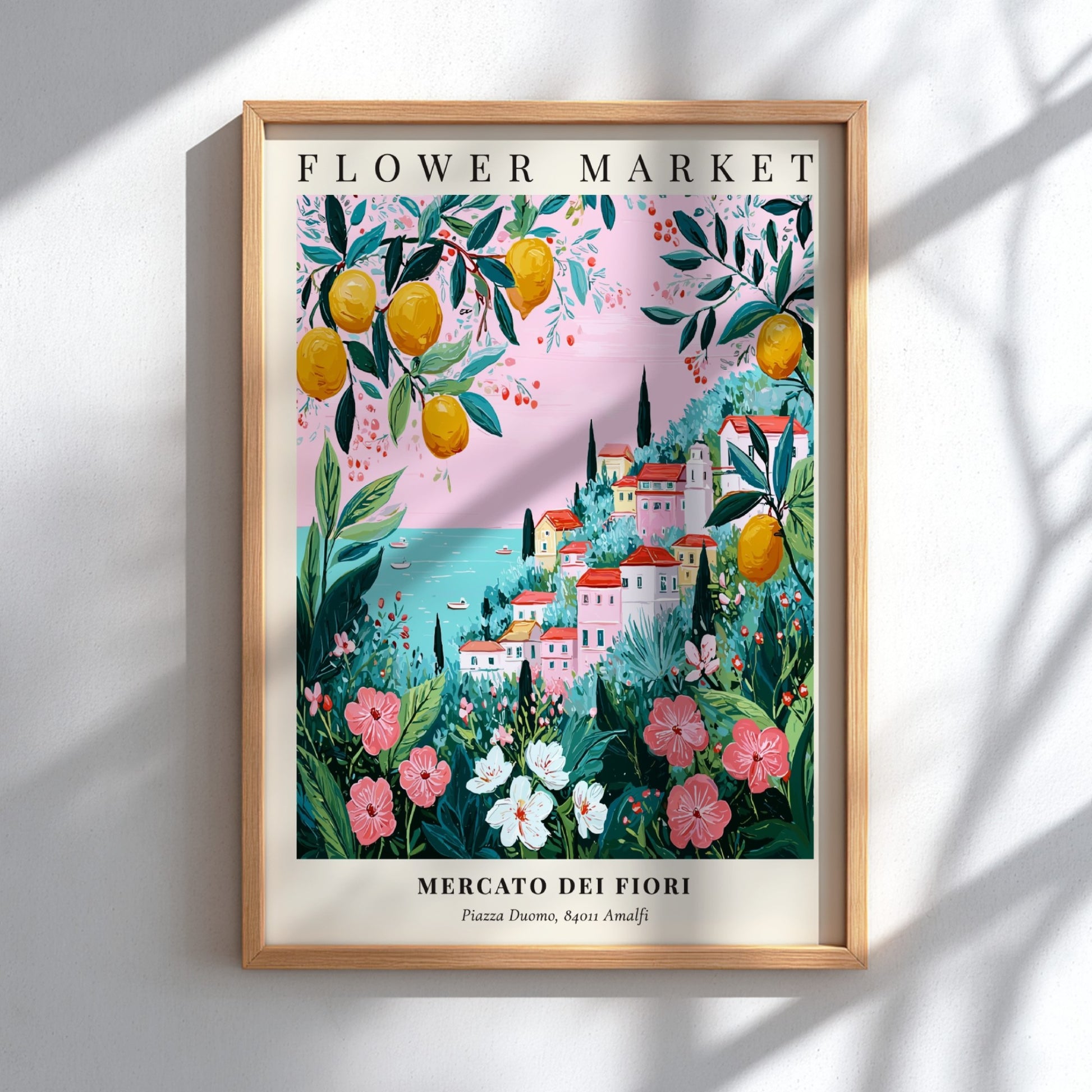 Floral art print featuring a coastal flower market with colorful blooms and greenery in a pastel palette.