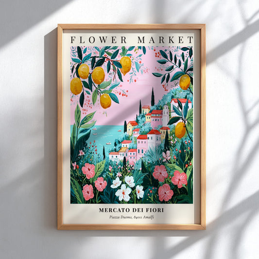 Floral art print featuring a coastal flower market with colorful blooms and greenery in a pastel palette.