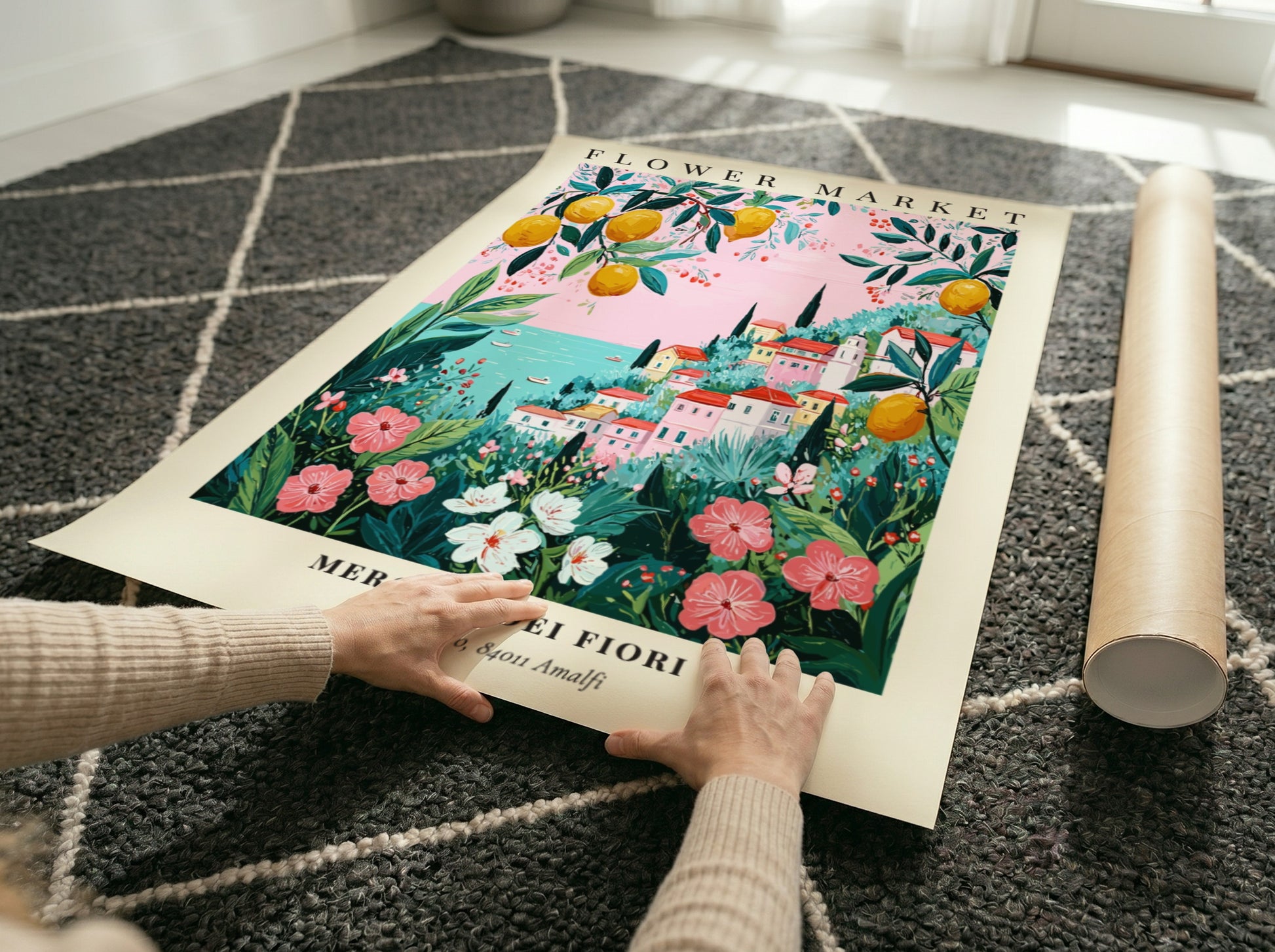 Floral art print featuring a coastal flower market with colorful blooms and greenery in a pastel palette.