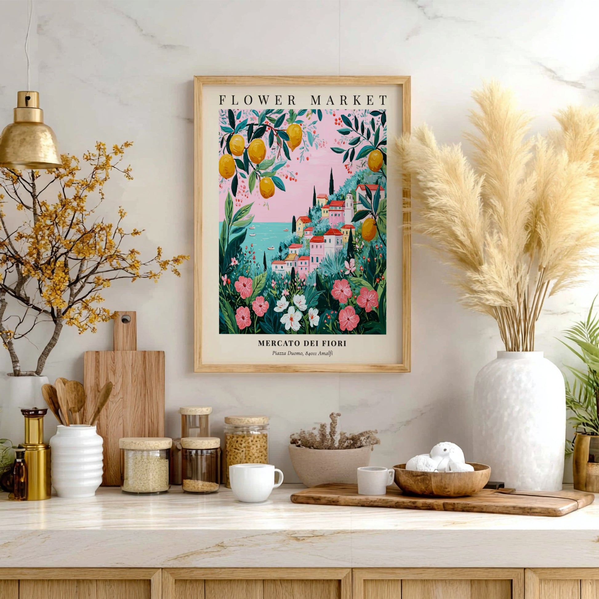 Floral art print featuring a coastal flower market with colorful blooms and greenery in a pastel palette.
