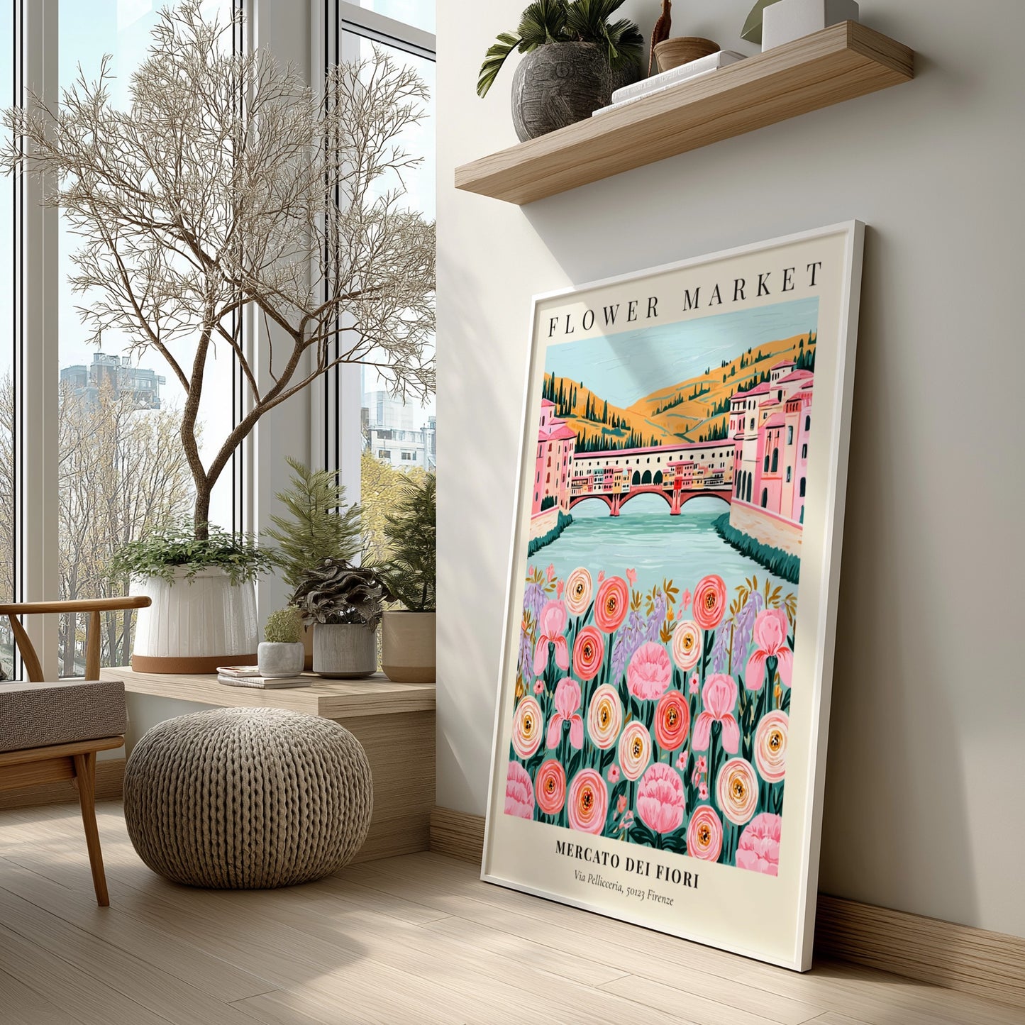 Floral art print featuring pink and white flowers with a river and buildings in the background, perfect for