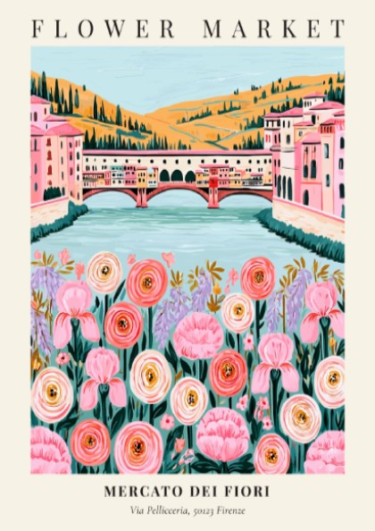 Floral art print featuring pink and white flowers with a river and buildings in the background, perfect for