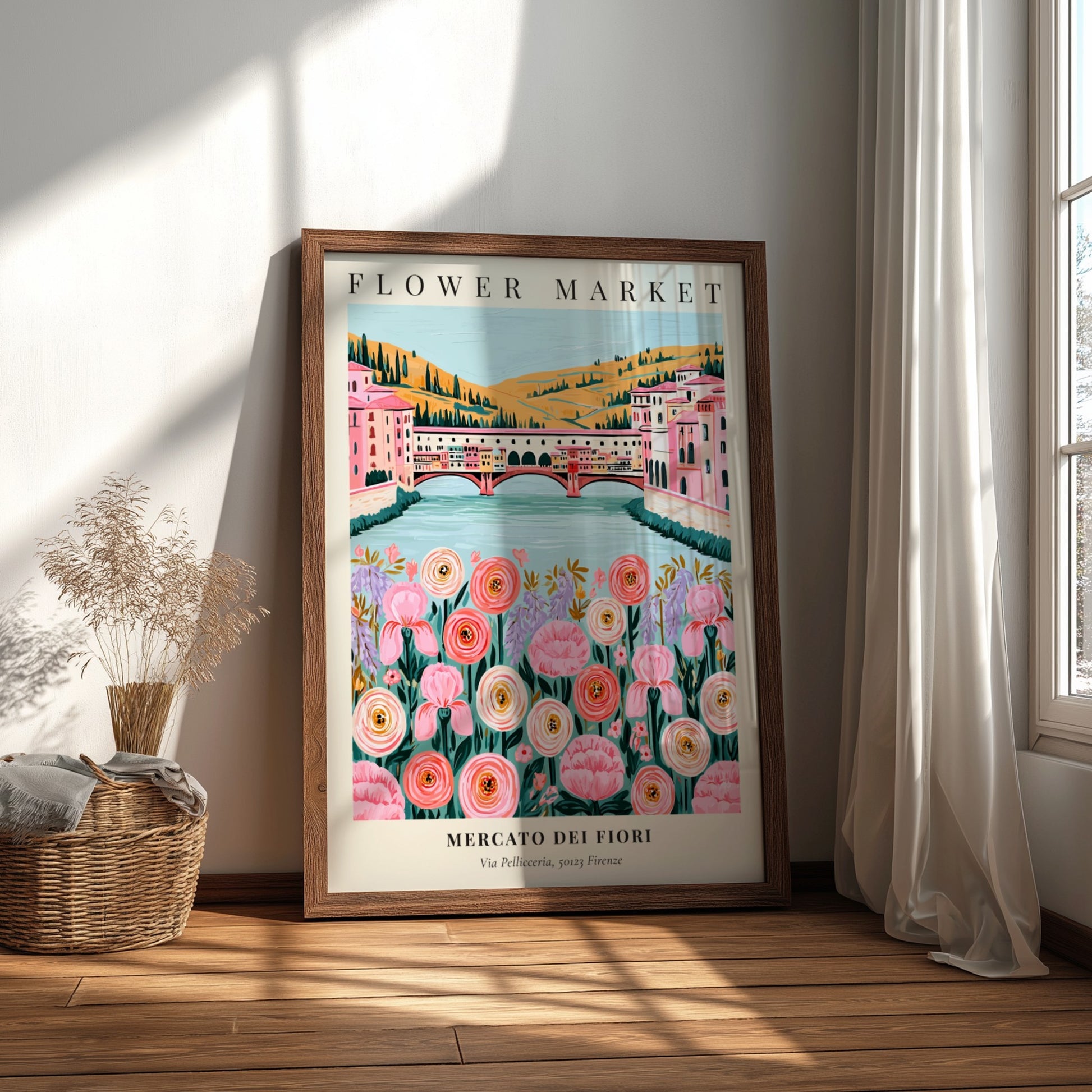 Floral art print featuring pink and white flowers with a river and buildings in the background, perfect for