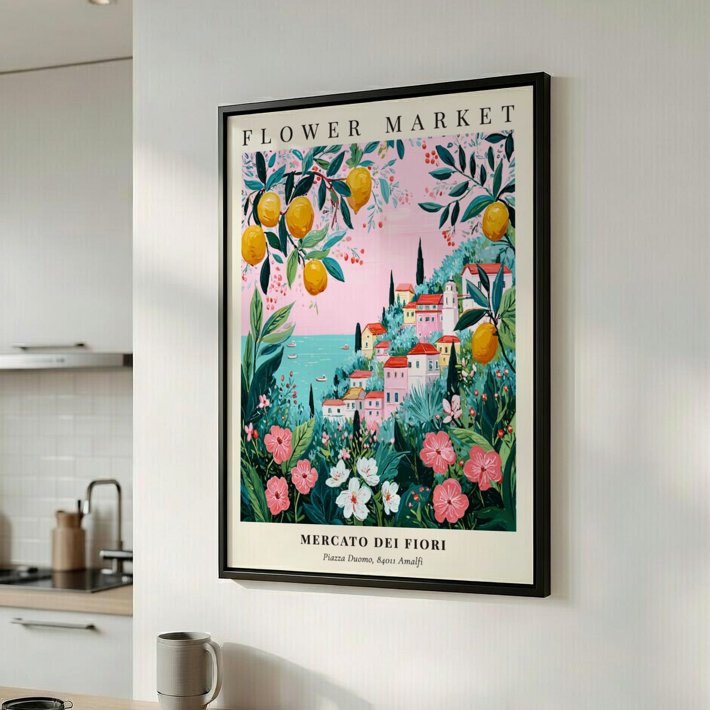 Floral art print featuring a coastal flower market with colorful blooms and greenery in a pastel palette.