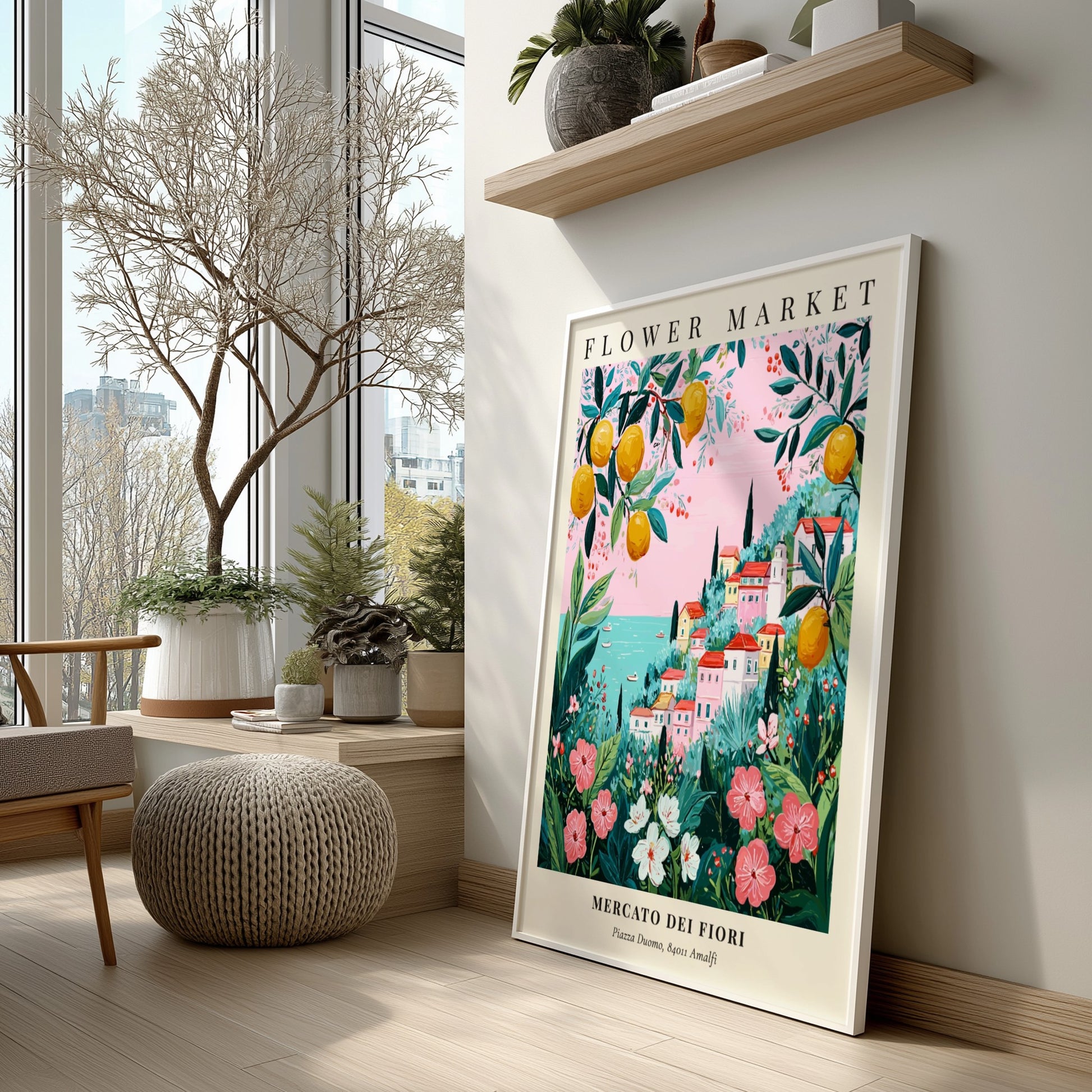 Floral art print featuring a coastal flower market with colorful blooms and greenery in a pastel palette.