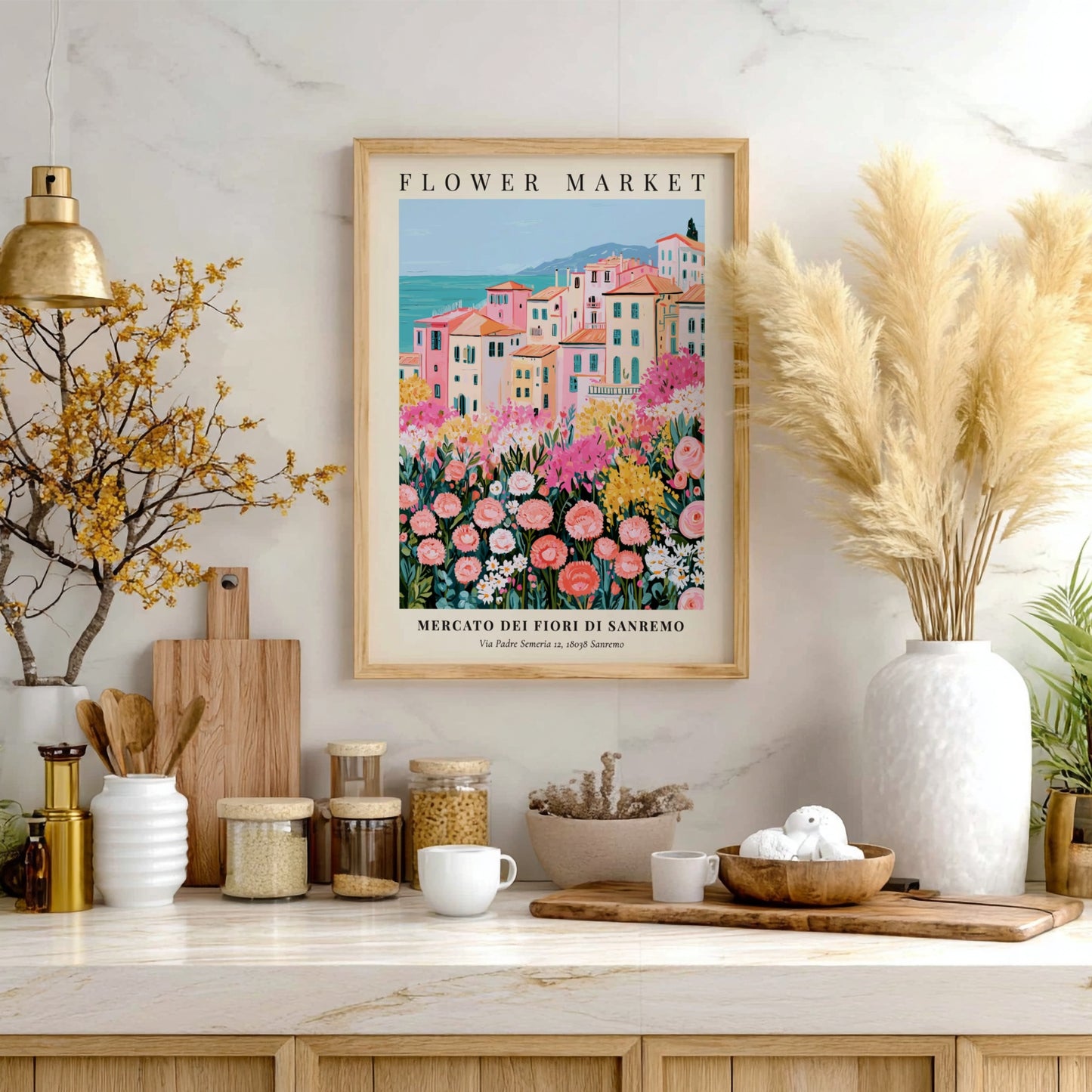 Flower market print showcasing a Sanremo landscape with colorful buildings and blooming flowers in soft