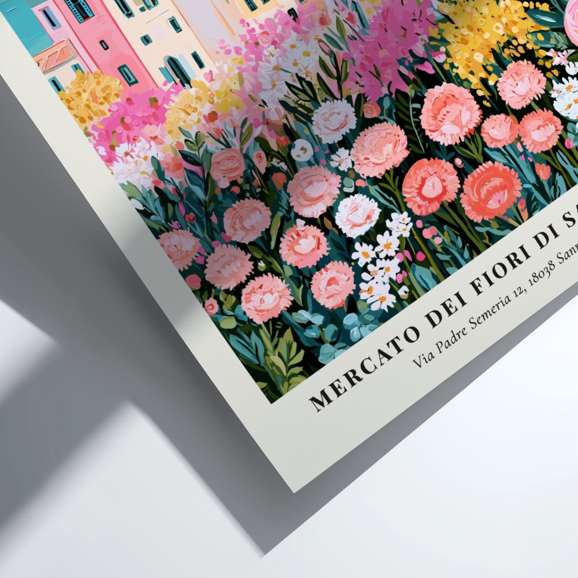 Flower market print showcasing a Sanremo landscape with colorful buildings and blooming flowers in soft