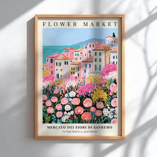 Flower market print showcasing a Sanremo landscape with colorful buildings and blooming flowers in soft