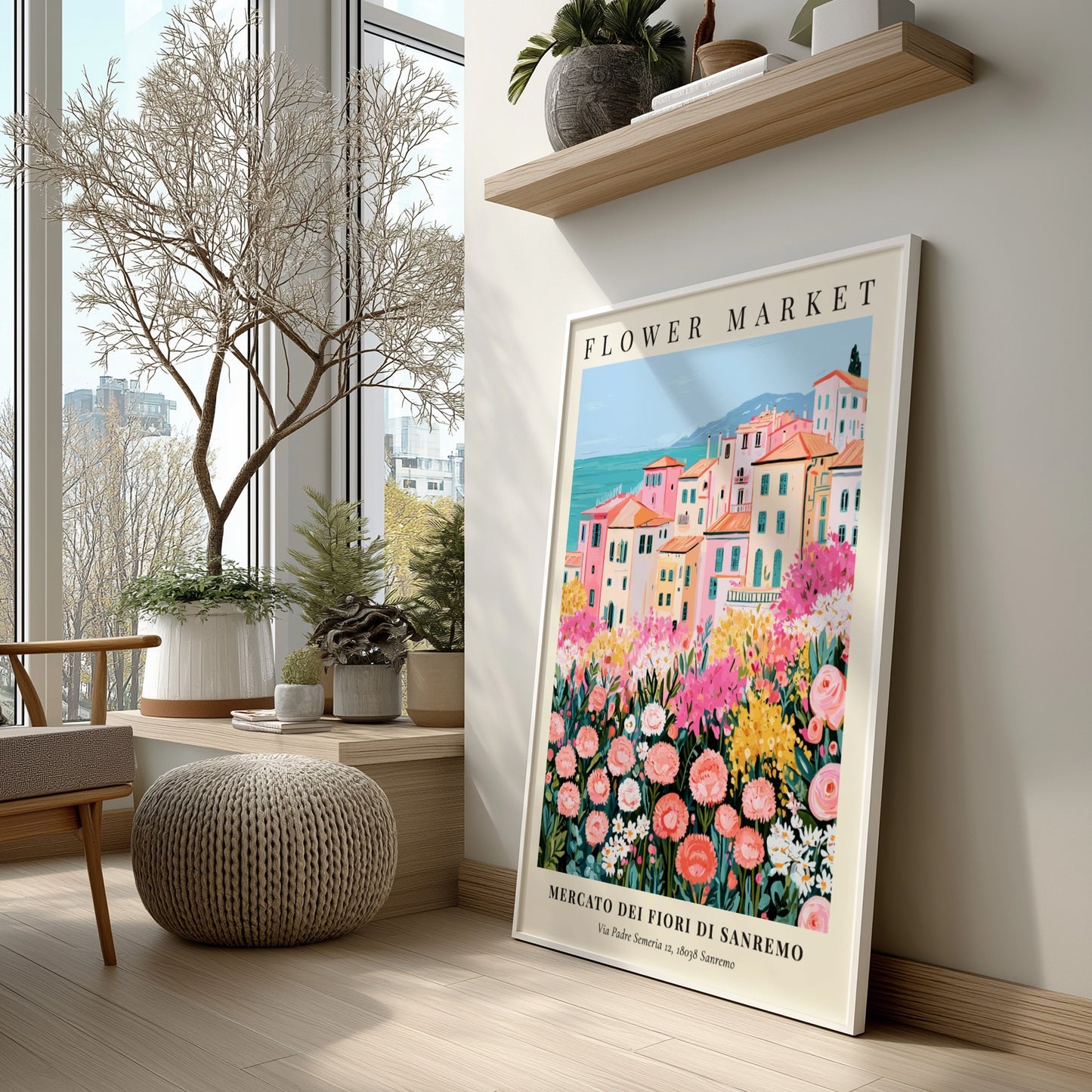 Flower market print showcasing a Sanremo landscape with colorful buildings and blooming flowers in soft