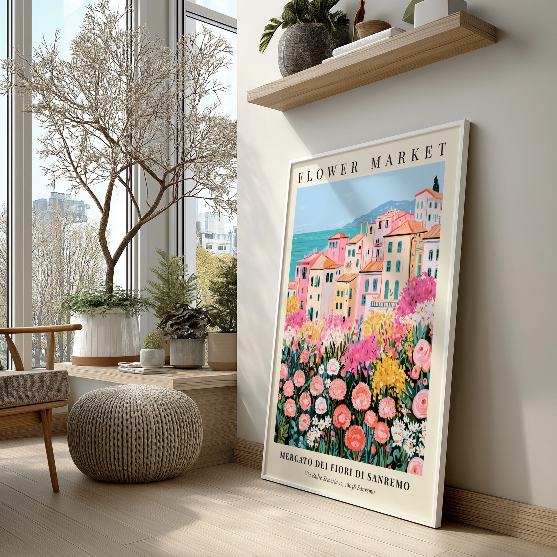 Flower market print showcasing a Sanremo landscape with colorful buildings and blooming flowers in soft