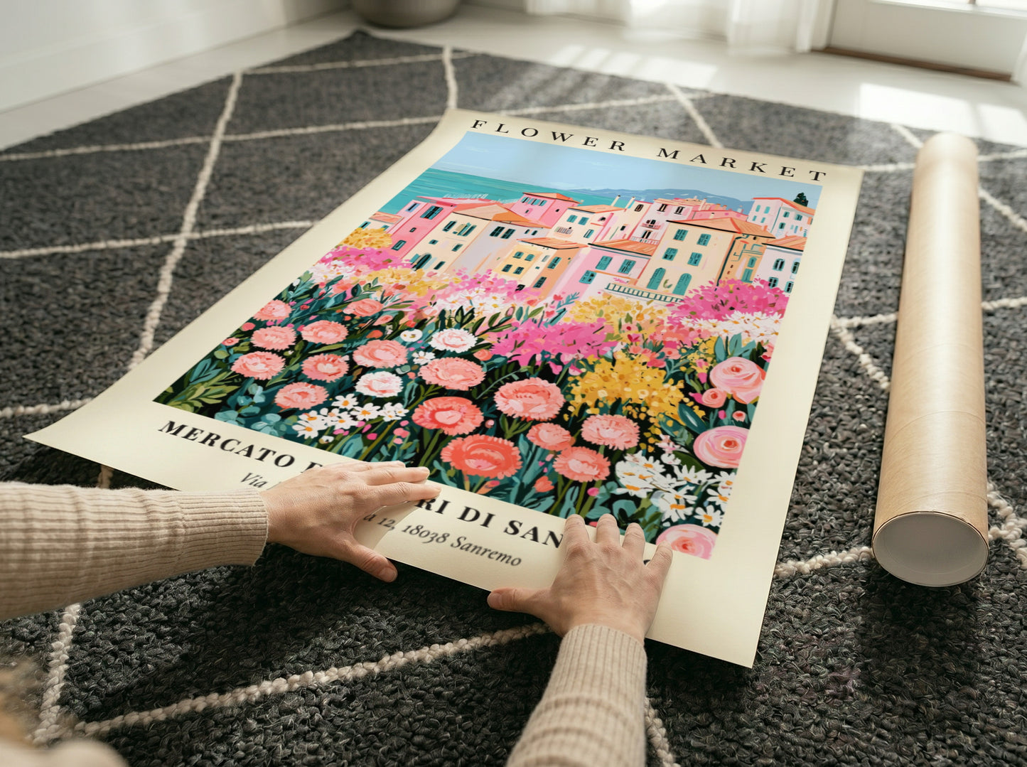 Flower market print showcasing a Sanremo landscape with colorful buildings and blooming flowers in soft