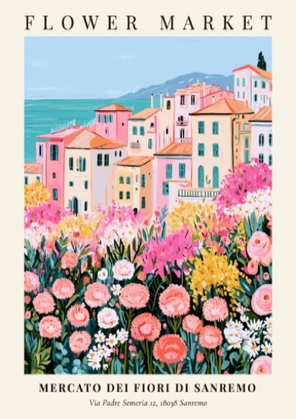 Flower market print showcasing a Sanremo landscape with colorful buildings and blooming flowers in soft