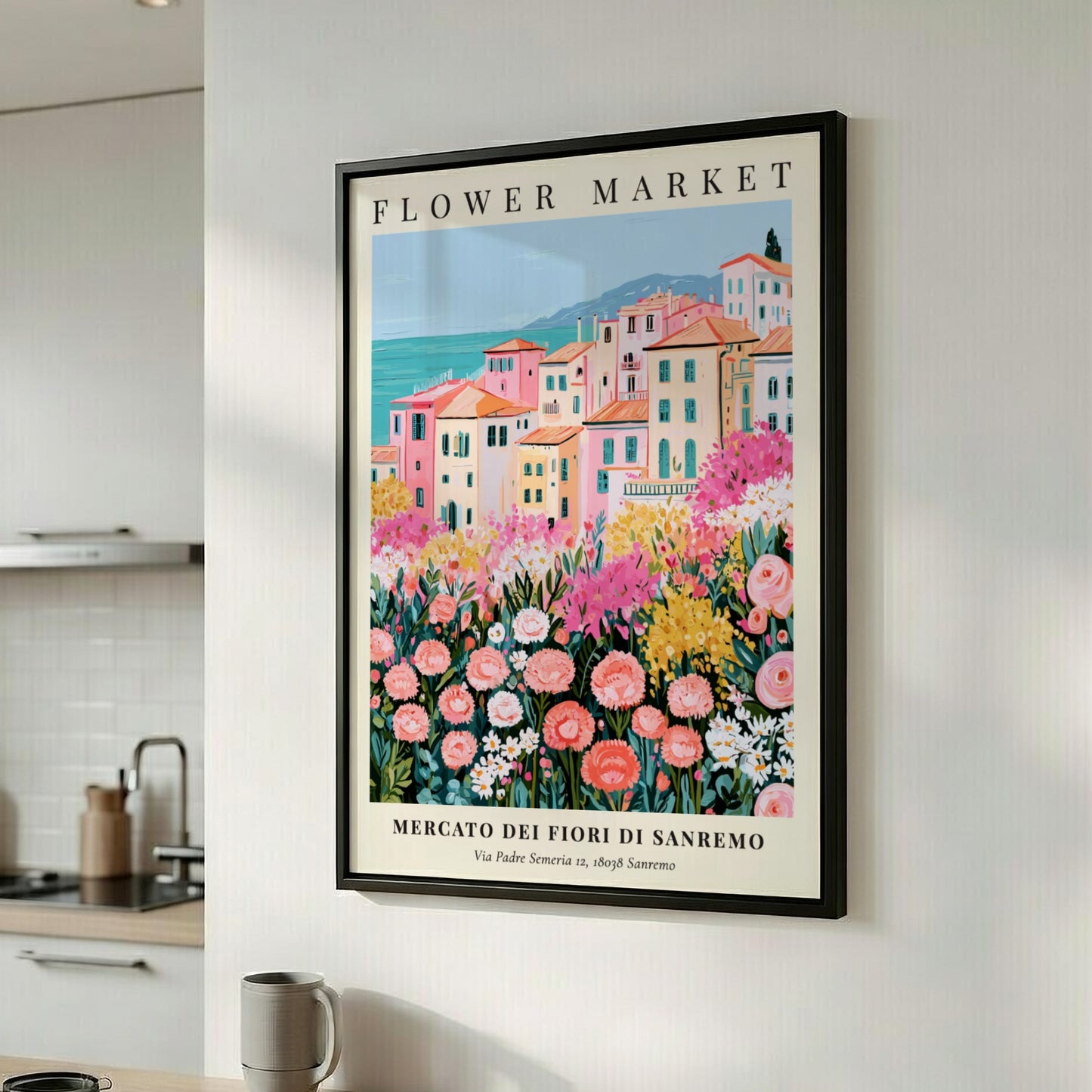 Flower market print showcasing a Sanremo landscape with colorful buildings and blooming flowers in soft