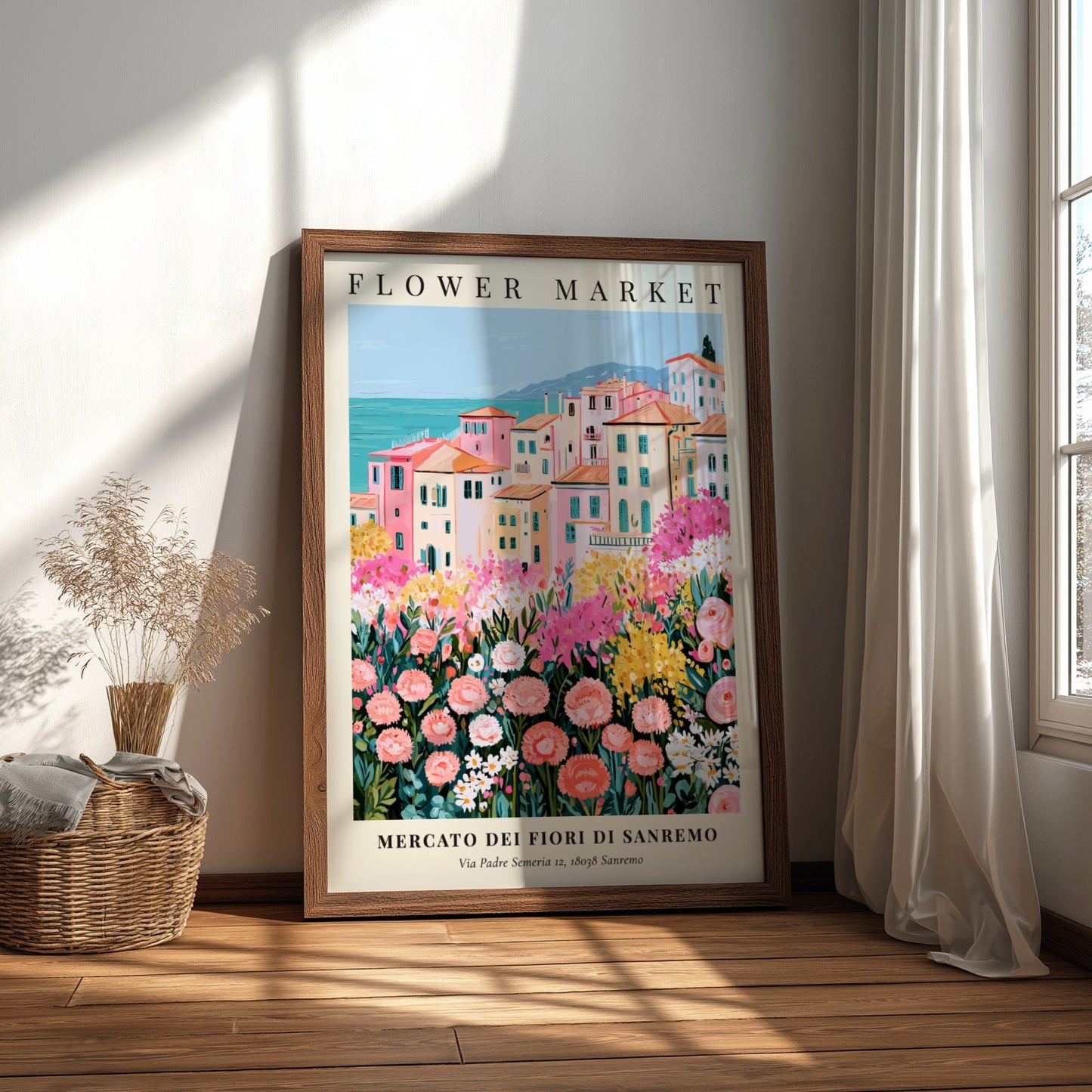 Flower market print showcasing a Sanremo landscape with colorful buildings and blooming flowers in soft