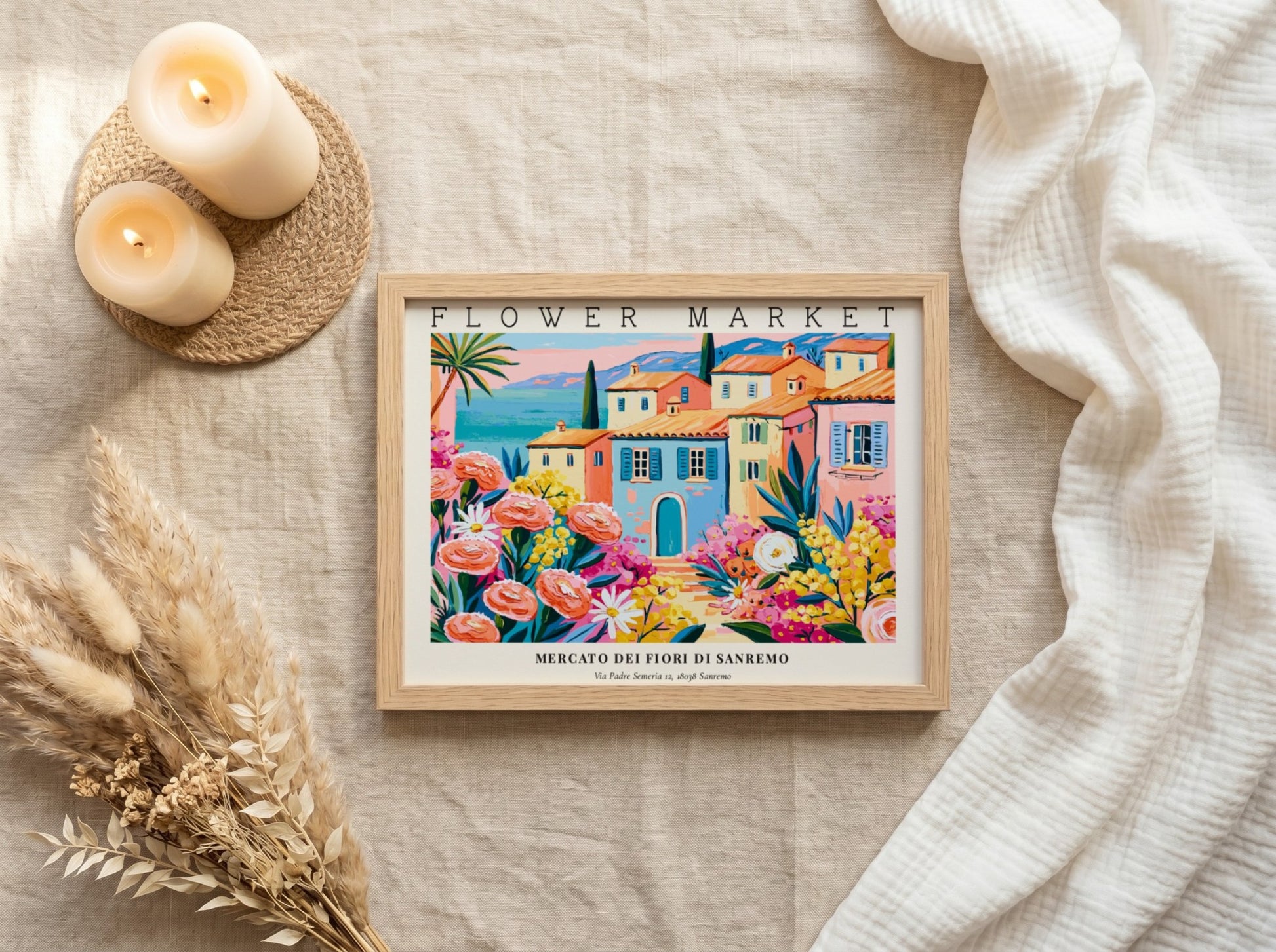 Flower market poster featuring vibrant pink roses and a coastal town scene in bright colors
