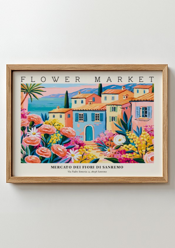 Flower market poster featuring colorful blooms and Sanremo architecture