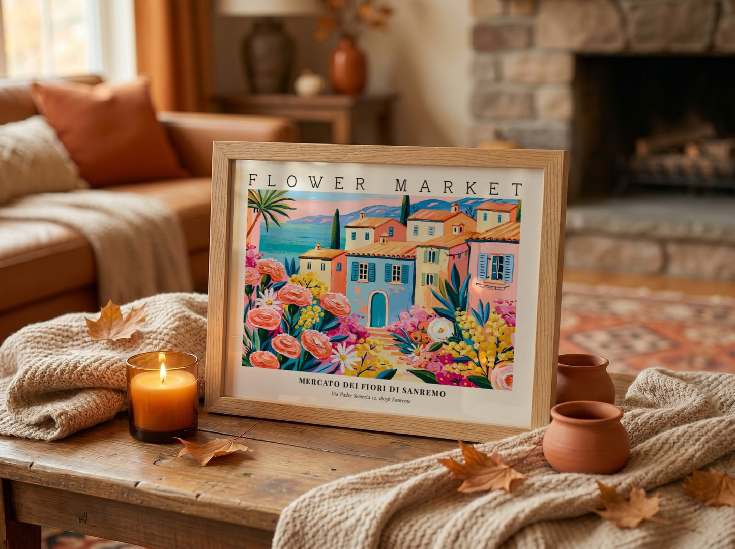Flower market poster featuring colorful blooms and Sanremo architecture