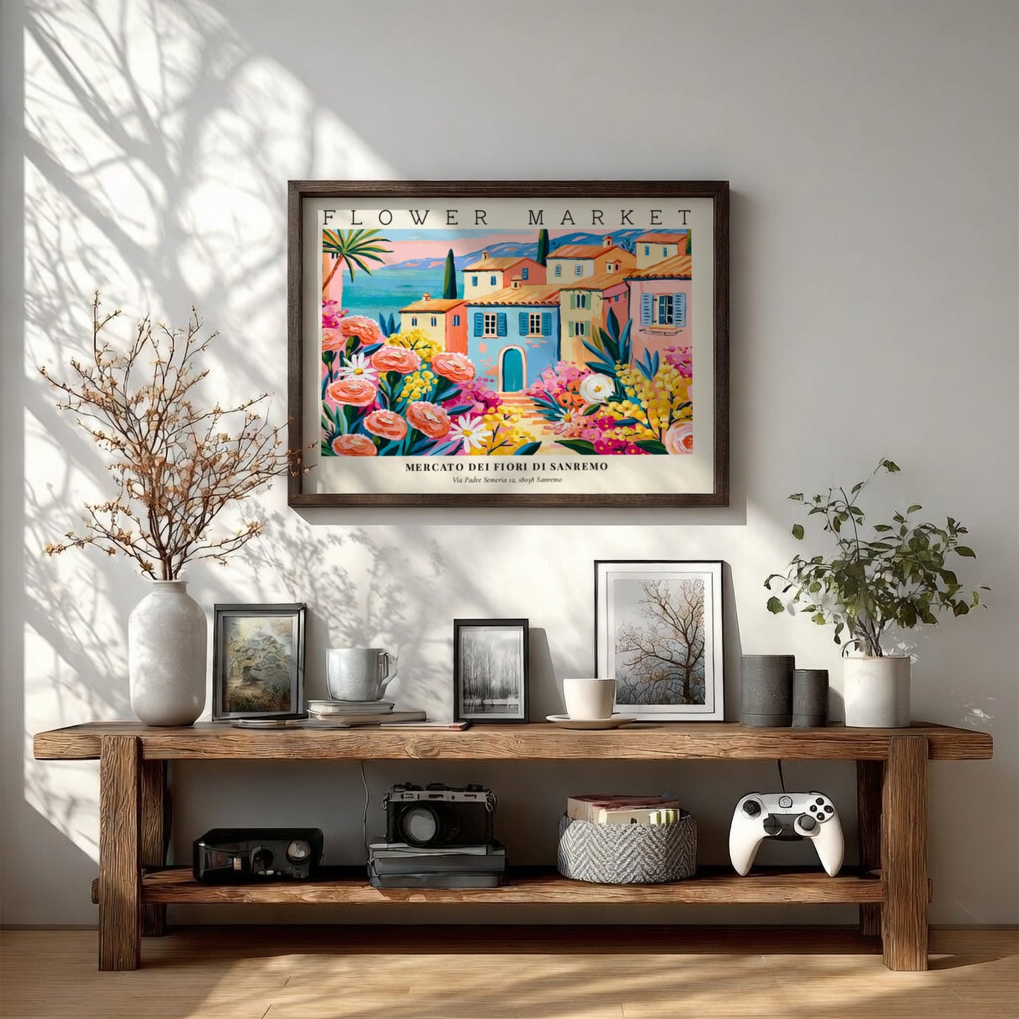 Flower market poster featuring vibrant pink roses and a coastal town scene in bright colors