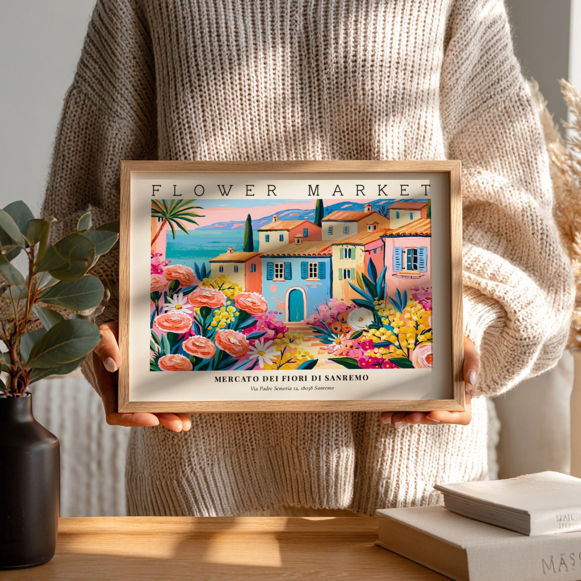 Flower market poster featuring colorful blooms and Sanremo architecture