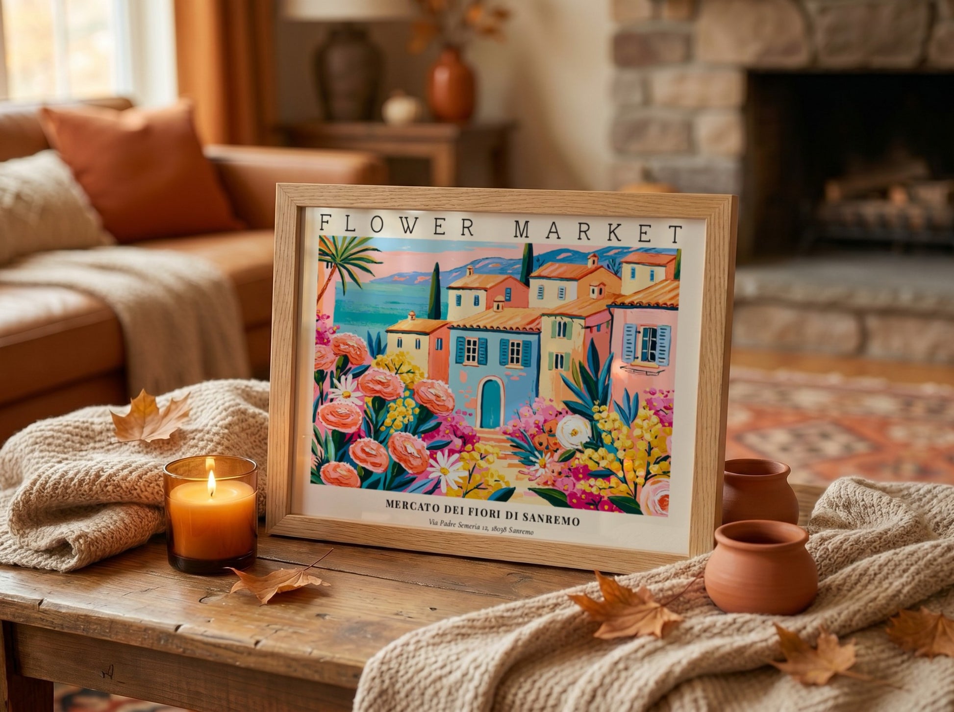 Flower market poster featuring vibrant pink roses and a coastal town scene in bright colors