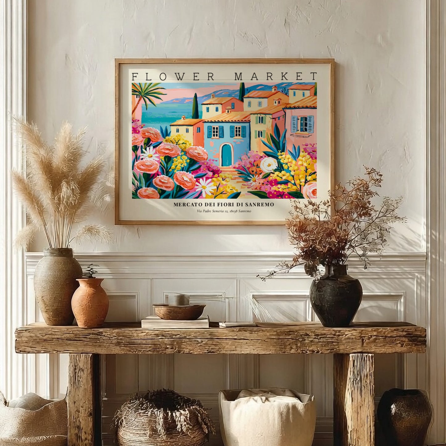 Flower market poster featuring colorful blooms and Sanremo architecture