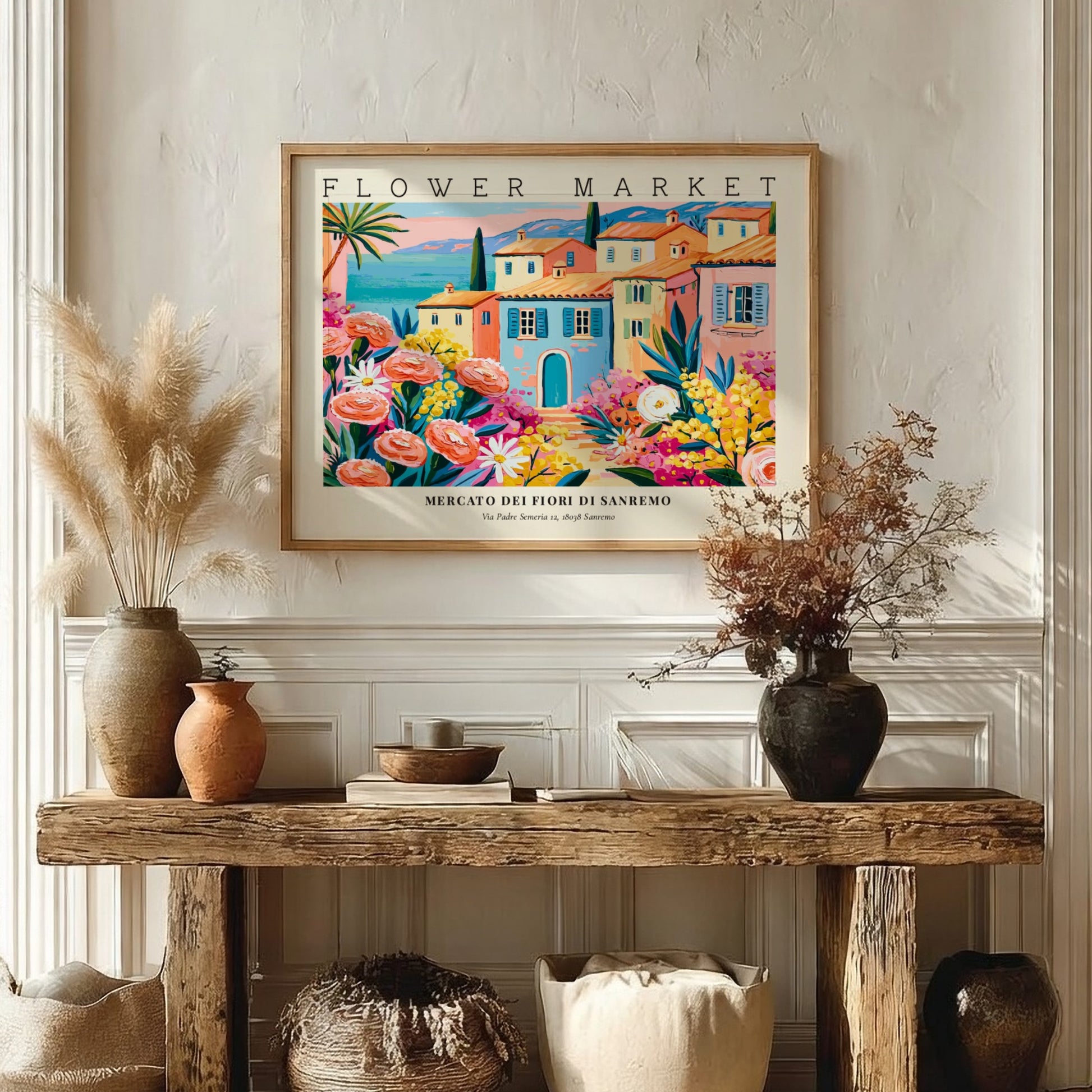Flower market poster featuring colorful blooms and Sanremo architecture