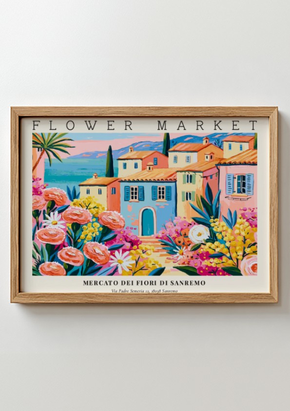 Flower market poster featuring vibrant pink roses and a coastal town scene in bright colors
