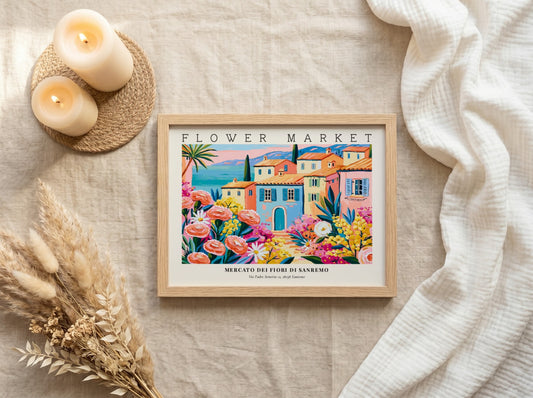 Flower market poster featuring colorful blooms and Sanremo architecture