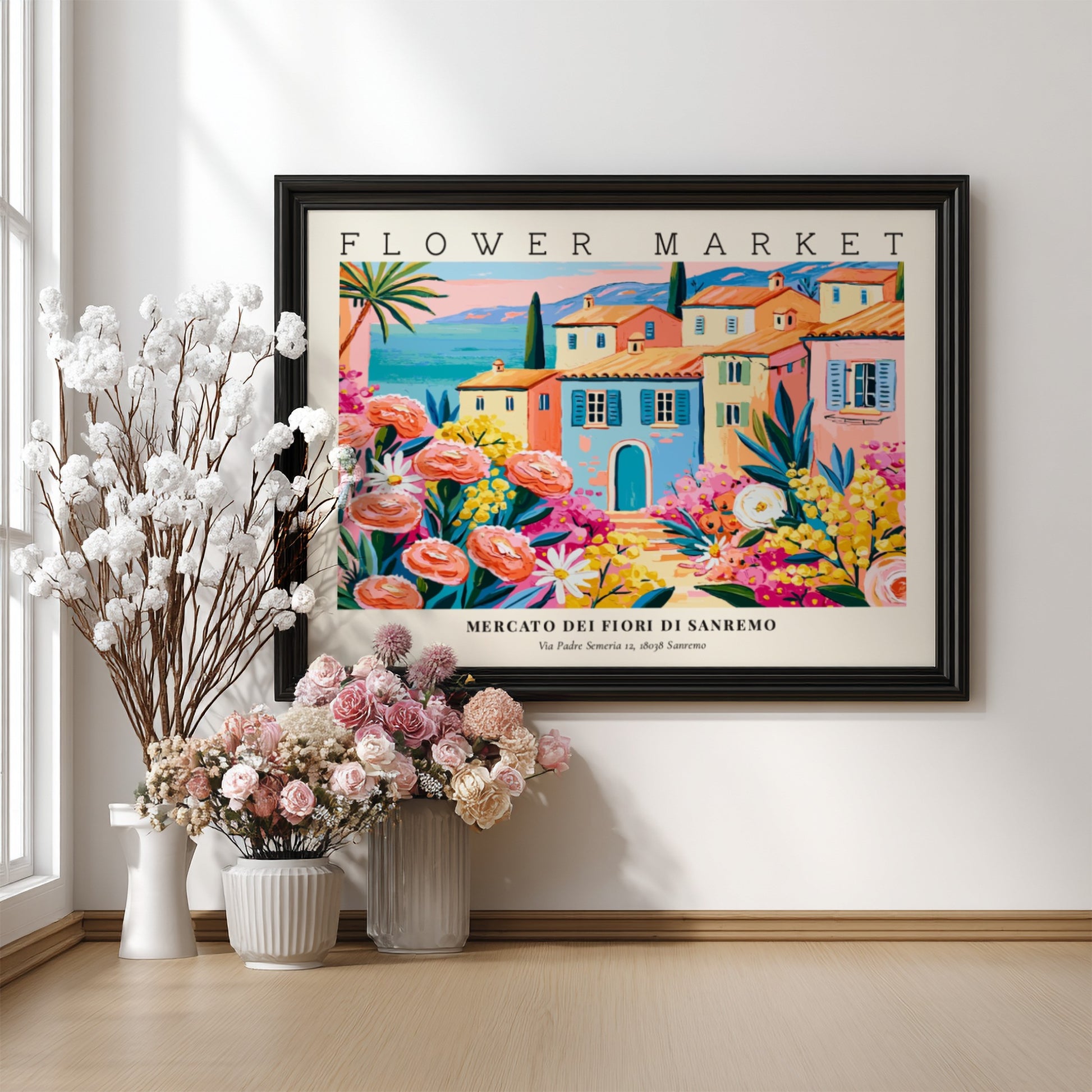 Flower market poster featuring vibrant pink roses and a coastal town scene in bright colors